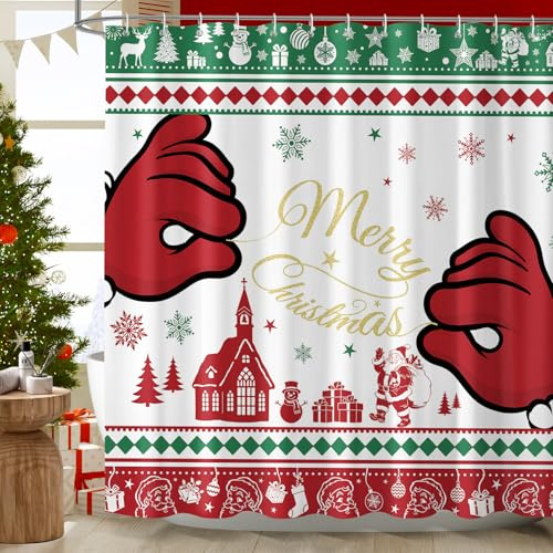 Dazzlewall Tenda Doccia Merry Christmas 180 x 180 cm, Rosso Verde Babbo Natale Renna Pupazzo di neve Tenda Bagno Lavabile, Impermeabile Antimuffa Tessuto Tende per Interni con 12 Ganci
