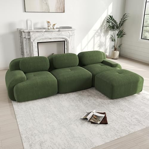 Dolamaní L-Form Sofa, Couch Sofa Cord Stoff für Wohnzimmer,Wohnung,Büro,Einfache Montage (Grün, E-(3 Sitzer +1 Hocker)
