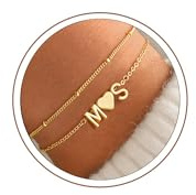 Turandoss Herz Armband mit Buchstaben Damen Gold, 14K Vergoldete 2 Buchstaben Armband Herz Armbänder Damen, Geschenke für Frauen Teenager Mädchen Freundin Mama Schmuck