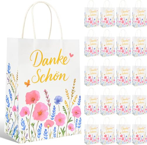 20 Stück Geschenktüten Papier mit Henkel 15x8x21 cm – „Dankeschön“ Blumendesign – reißfest & wiederverwendbar – Geschenkverpackung für Hochzeit, Gastgeschenke, Geburtstag, Babyparty, Einschulung