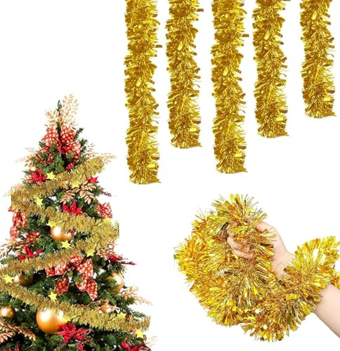 5 Stück 2m Weihnachtsgirlande, Weihnachtsbaum Lametta Girlande Gold, Girlande Weihnachten, Lametta Girland Weihnachten, Metallisch Girland Weihnachtsbaum, Weihnachtsdeko