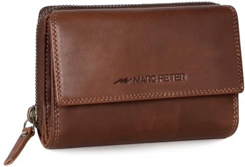Marc Peter® Rosie Damen Geldbeutel Leder RFID Geldbörse Groß Vintage Portemonnaie für Damen Ledergeldbörse mit Reißverschluss in Geschenkbox Echtleder Light Braun VT