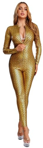 Sywiyi Damen Meerjungfrau Body Overall mit Fischschuppen Muster Slim Fit Sportbody Glänzend Fasching Karneval Cosplay Outfit Gold S