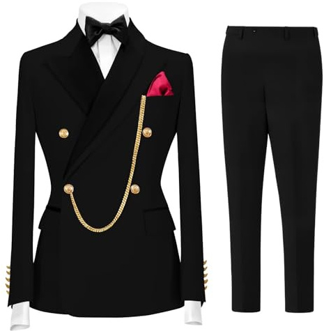 CYANDUSTY Mens Tuxedo Suit Set Black 2 Piece Suits for Men Double Breasted Gold Button Blazer Pants Casual Wedding Grooms S