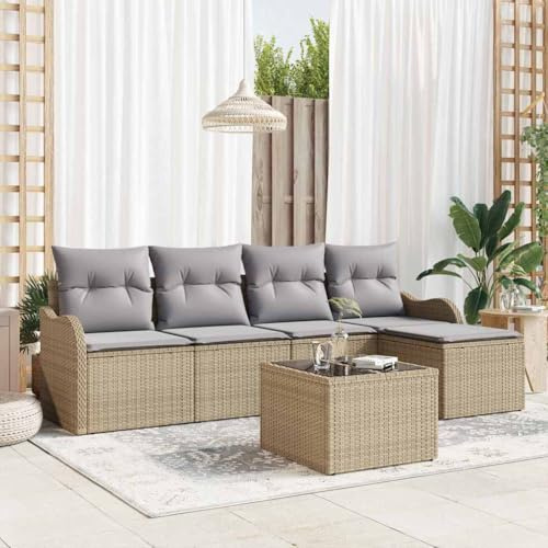 Ziaphsol Gartensofa-Set Beige Poly-Rattan, Modulares Outdoor Loungesofa mit UV-beständigen Kissen, 5-Sitzer Terrassenmöbel für Garten, Balkon, Langlebiges Design