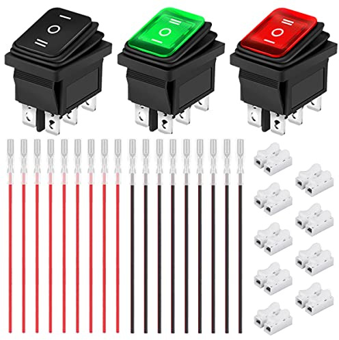 HAAMNING7 3 Stück Wippschalter AC 16A/250V 20A/125V DPST Ein/Aus/Ein, wasserdicht, Mini-Druckknopf, (Schwarz/Rot/Grün), 6-polig, 3-Positionen-LED-Kippschalter, mit Crimp-Kabel und Kabelverbinder