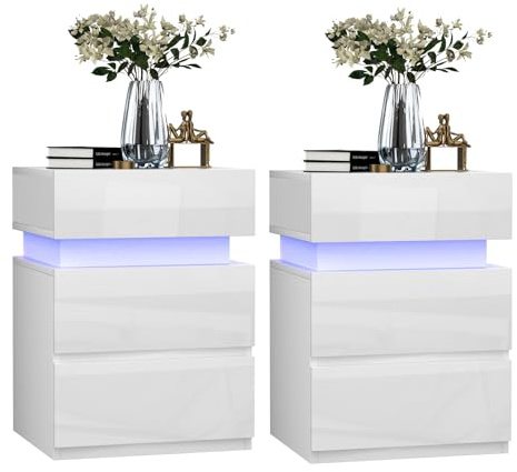 PIPIPOXER Nachttisch 2er Set mit LED-Beleuchtung, Sofatisch Beistelltisch mit 3 Schubladen, Nachtschrank Hochglanz Schlafzimmer, modern, 35x40x55cm, Weiß