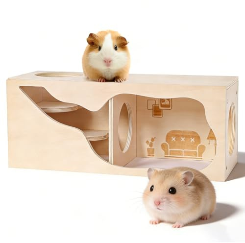 Ruioomeep Hamster Holzhaus, 2-Zimmer Hamster Versteck, Hamsterversteck Hölzernes Hamsterhaus, Hamsterkäfig Zubehör für Zwerghamster, Goldhamster, Rennmäuse und Kleintiere
