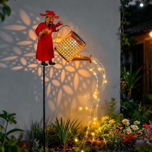 Regadera solar para jardín, luz de estaca de metal impermeable, patrón tradicional chino de la suerte, para patio al aire libre, valla de patio (A)