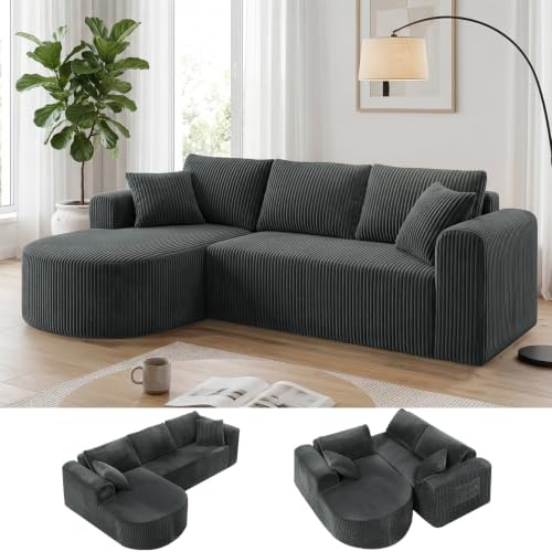 COMHOMA Ecksofa mit Schlaffunktion, 263cm Corduroy Modulares Boneless Couch mit Chaiselongue, L-Form Schlafsofa, Sektionssofas mit Kissen & Seitentaschen,Sofa für Wohnzimmer, Keine Montage, Grau