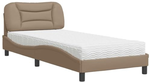 QJBSAVVA Lit 90x200 avec Matelas et Sommier Similicuir Cappuccino | Ensemble de lit pour chambre à coucher avec structure ondulée en similicuir, sommier et matelas en mousse réversible.