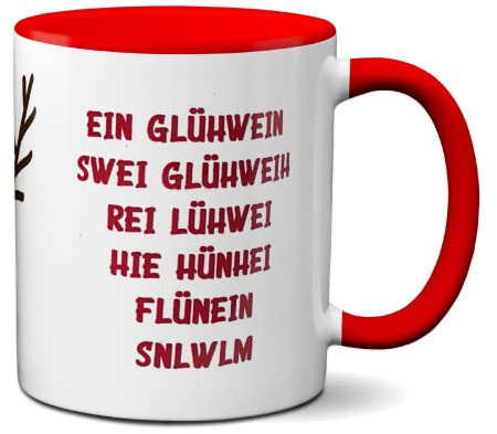 KiLaLa Keramik Tasse mit lustigem Spruch “Glühwein” Kaffeetasse Geschenk weiß rot Rentier Weihnachten