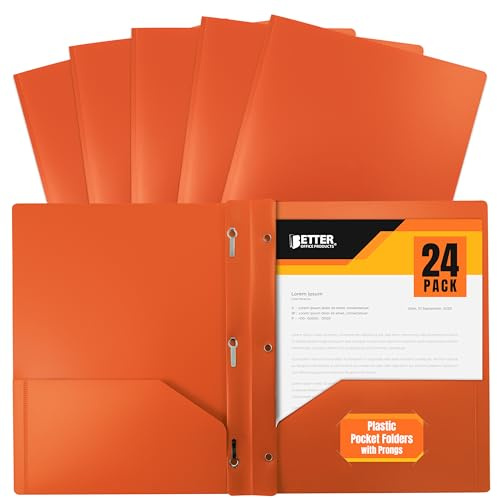 Better Office Products Orange Plastic 2 Pocket Folders with Prongs, Heavyweight, Letter Size Poly File Folders, 24 Pack, with 3 Metal Prongs Fastener Clips, Orange