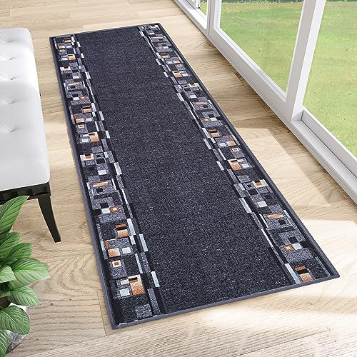 TAPISO Anti Rutsch Teppich Läufer rutschfest Brücke Meterware Modern Blau Dunkelgrau Braun Vierecke Design Flur Küche Wohnzimmer 80 x 200 cm