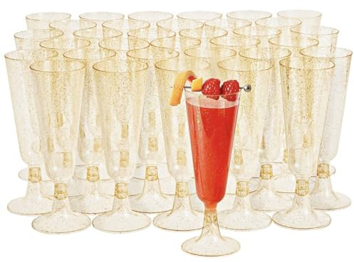 MATANA - 50 Copas de Champán de Plástico con Brillo Dorado, 150ml – Reutilizables y Resistentes para Vino, Cava, Postres – Flautas de Champagne para Bodas, Cumpleaños y Fiestas