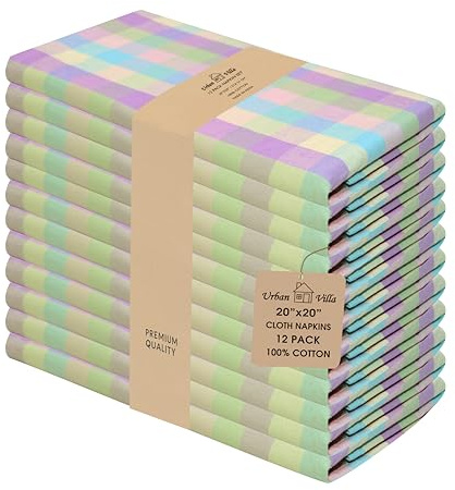 Urban Villa Cloth Napkins 100% Cotton Highly Absorbent Washable Durable Reusable Premium Dinner Napkins Ideal for Gifts for Mothers Day Hotel Farmhouse Parties - Easter Checks (20 x 20, Set of 12)