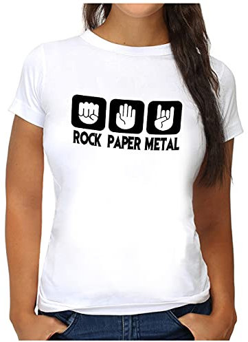 OM3® Rock Paper Metal T-Shirt - Damen - Stein Papier Schere Metalhand - L, Weiß