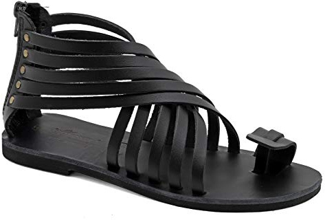 37 Schwarz Emmanuela Gladiator Sandalen aus Leder mit Reißverschlussschäften, hochwertige griechische handgefertigte Sommerschuhe, Zehenring Flache Sandalen, Boho Chic Sandalen