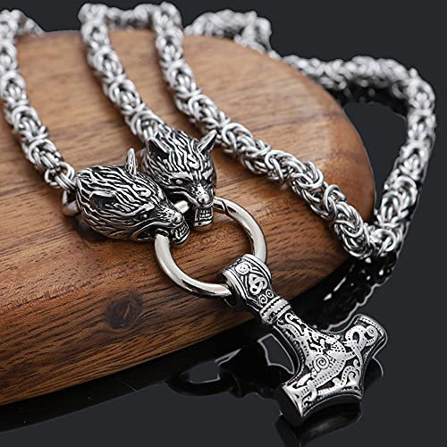 YABEME Herren Viking Thor Hammer Halskette Vintage Edelstahl Mjolnir Anhänger Amulett Schmuck Heavy Duty Interlocking Wolf Kopfkette mit Valknut Rune Geschenktüte,Silber,31inch