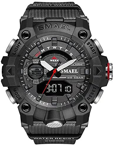 SMAEL Orologio da polso da uomo, analogico-digitale, sportivo, militare, con allarme, doppio fuso orario, impermeabile, LED cronometro, nero, Militare