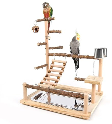 RoseFlower Wooden Bird Stand Parrot Playstand, Budgie Play Stand Birdcage Playground Play Gym Parakeet Toy Ladder with Feeder Cup and Tray, Budgie t Toys Swing Exercise - Size 17.7x14.6x10.2 In