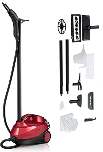 COSTWAY Ångtvätt med 19 tillbehör, golvångtvätt för mattor, golv, fönster/2 000 W/4 bar/1,5 l tank/upp till 108 ℃/LED/ångtid upp till 45 min (röd)