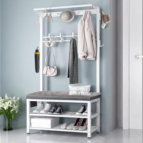 WPPTNSFY Multifunktions Großer Garderobenständer mit Sitzbank, 4 in 1 Kleiderständer mit Kleiderhaken und Schuhregal, Verstärkung mit Vier Querstäben, für Schlafzimmer, Wohnzimmer