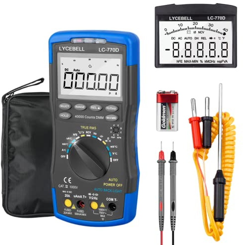 Digital Multimeter LC-770D TRMS Voltmeter Ammeter for Measures NCV AC/DC Voltage Current Resistance Capacitance Frequency Auto Ranging Diodes hFE - 40000 Counts (Blue)