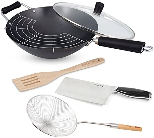 Ken Hom Wok 31 cm 6-tlg. Induktion Karbonstahl mit Glasdeckel, Wender & Gegengriff - Antihaft Wokpfanne für Gas, Elektro & Glaskeramik - Set mit Edelstahl Schaumlöffel & 18 cm Hackmesser