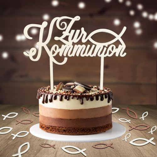 Cake Topper Kommunion, 1 Stück Zur Kommunion Tortendeko Taufe Holz & 48 Stück Holz Fische Tischdeko Konfirmation, Erstkommunion Torte Deko Junge Mädchen