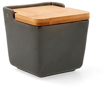 QUID TU Y YO - Salero Cerámico cuadrado gris y tapa bambú, 12X12Cm