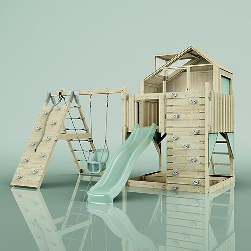 Rebo Outdoor Spielturm mit Wellenrutsche, Spielhaus aus Holz mit Kletterwand, Kletternetz,Mintgrün