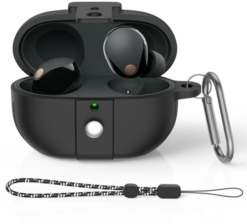 MOWYEOK Silikonfodral kompatibelt med Sony WF-1000XM5, bärbart stötsäkert fodral, synligt front LED, för Sony WF-1000XM5, med karbinhake och nyckelband (svart)