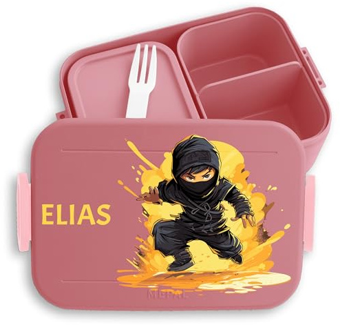 Kinder Bento Box Midi Lunchbox für Mepal Bentobox - Ninja Schattenkrieger Kampfstil - 900 ml - Rosa - jausenbox junge schule brotbox brotdose schwarz vesperbox personalisierte brotzeitbox