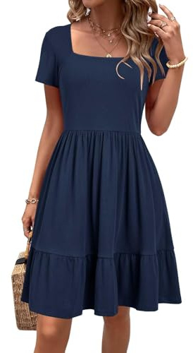 Newshows Sommerkleid Damen Knielang Sommer Kurzarm Kleid Quadratischer Ausschnitt Elegant Strandkleid Mit Taschen