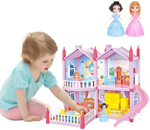 deAO Puppenhaus mit 2 Prinzessinnen, Möbeln und Zubehör, Traum-Puppenhaus für Kleine Mädchen, 4 Zimmer, Hof, Möbeln, Schieber, Geschenk für Mädchen im Alter von 2 bis 8 Jahren, Rosa