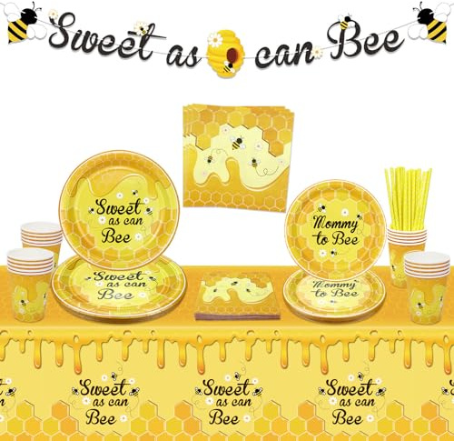 Biene Baby Dusche Dekorationen Set - Hummel Thema mit Banner, Pappteller, Servietten, Tischdecke für Kindergeburtstag - 20 Personen