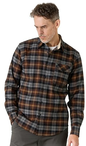 LAPASA Camicia da Uomo a Maniche Lunghe in Flanella a Quadri, 100% Cotone Regular Fit, Morbida e Calda M138 (Marrone & Grigio,S)