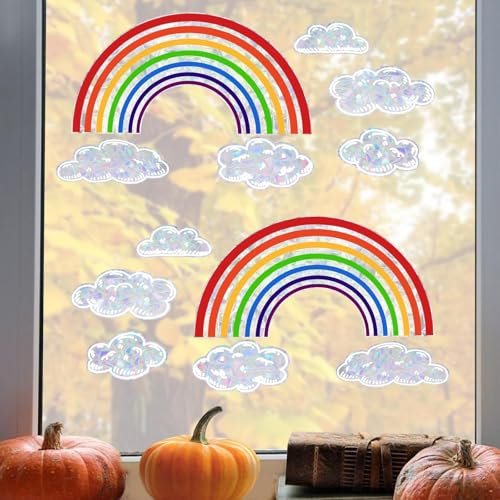 EEEKit Regenbogen Fenstersticker Set, 2 Stück bunte Regenbogenmacher Fensterfolien, 10 Stück Wolken Fensterdeko, Sonnenfänger für Fenster, Zimmer und Wohnkultur