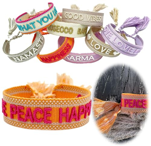 LS-LebenStil Exklusives Statement Armband - das Original 16-20cm Quasten besticktes Boho Canvas Webarmband Damen Freundschaftsarmband Geschenk gewebt textil Stoffarmband