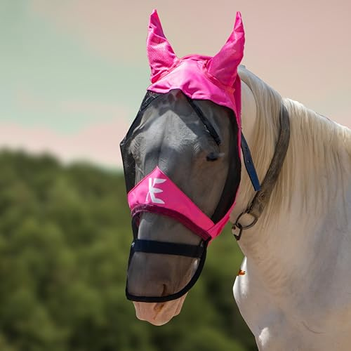 XE Maschera per Mosche per Cavalli con Orecchie-Maschera per Cavalli a Pieno Facciale e Naso in Rete Traspirante per Protezione UV e Mosche Equine (Full Pink Mask, Extra Full (XL))