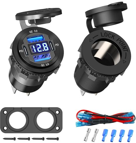 (4USB) Aluminium 12V USB C Steckdose 78W 4-Port kfz Ladegerät, Dual PD 30W und Dual QC 18W Auto USB dose 12 Volt Einbau Zigarettenanzünder Stecker mit Voltmeter Geeignet für Boot LKW Motorrad