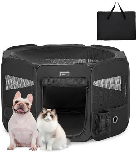 PETSFIT faltbar Welpenauslauf Tierlaufstall für Kleintiere Hunde Katzen,Hundelaufstall Freigehege mit Wasserdichter Boden,Pop-up System Kausicheres Design,Schwarz,S,75 * 68 * 42cm
