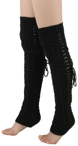 Scaldamuscoli lunghi per donne e ragazze, 60 cm, calze invernali a maglia con 2 nastri, scaldamuscoli sopra il ginocchio, calze alte senza piedi, taglia unica, per yoga, corsa, feste, 1 paio, nero