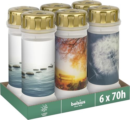 Bolsius Grablicht - mit Motiv - Nr. 6 - Set 6 Stück - Länge Brenndauer - Trauerkerze & Gedenkstätte Kerzen - Sauberes Abbrennen - Ohne Palmöl