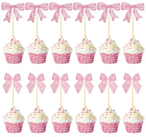 24pcs Pink Bow Cupcake Toppers, Paper Bow Cake Decorations Cute Bowknot Tie Cup Cake Picks Bow Cake Photo Props for Bachelorette Bridal Weddings Birthday Baby Shower Pink Theme Party Decorations