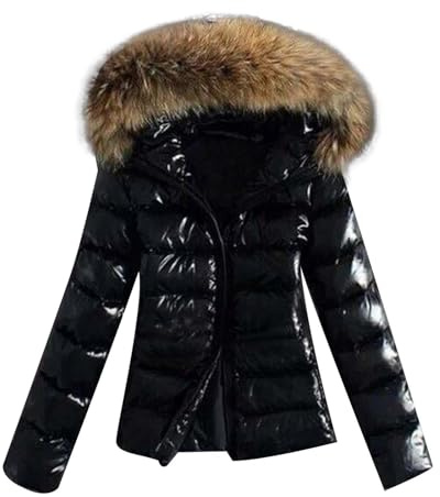 Beokeuioe Veste d'hiver pour femme - Manteau d'hiver court - Doudoune brillante - Veste matelassée - Vêtement d'extérieur pour femme - Manteau en duvet avec col en fausse fourrure - Manteau matelassé
