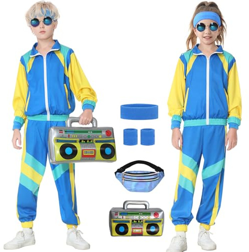 Hislovy Disfraz años 80 90 para Niñas Niños Disfraces Traje de Chándal de los 80 Traje de Aeróbic Conjuntos Deportivos Carnaval Fiesta Halloween, Azul, 9-10 años
