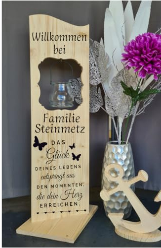 Designbysh Personalisierter Holzaufsteller, Holz Deko Schild Holzschild Eingangsschild mit Windlicht aus Glas, Das Glück Deines Lebens