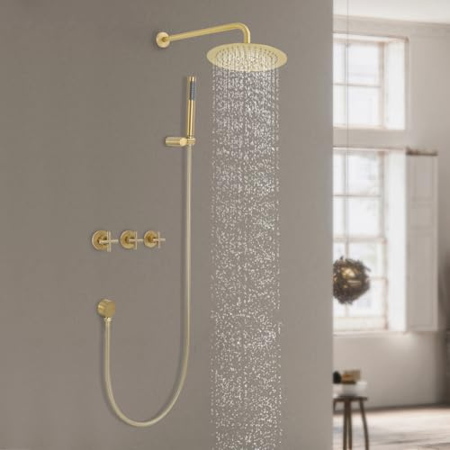 Regendusche Unterputz Duscharmatur Set mit Handbrause Duschsystem Ohne Armatur aus Hochwertig Edelstahl und Messing für Badezimmer (Gold)